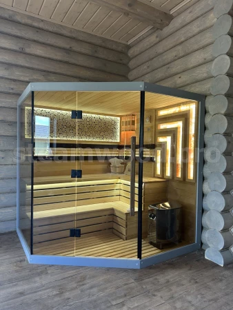 Четырехместная угловая финская сауна Luxury из кедра
